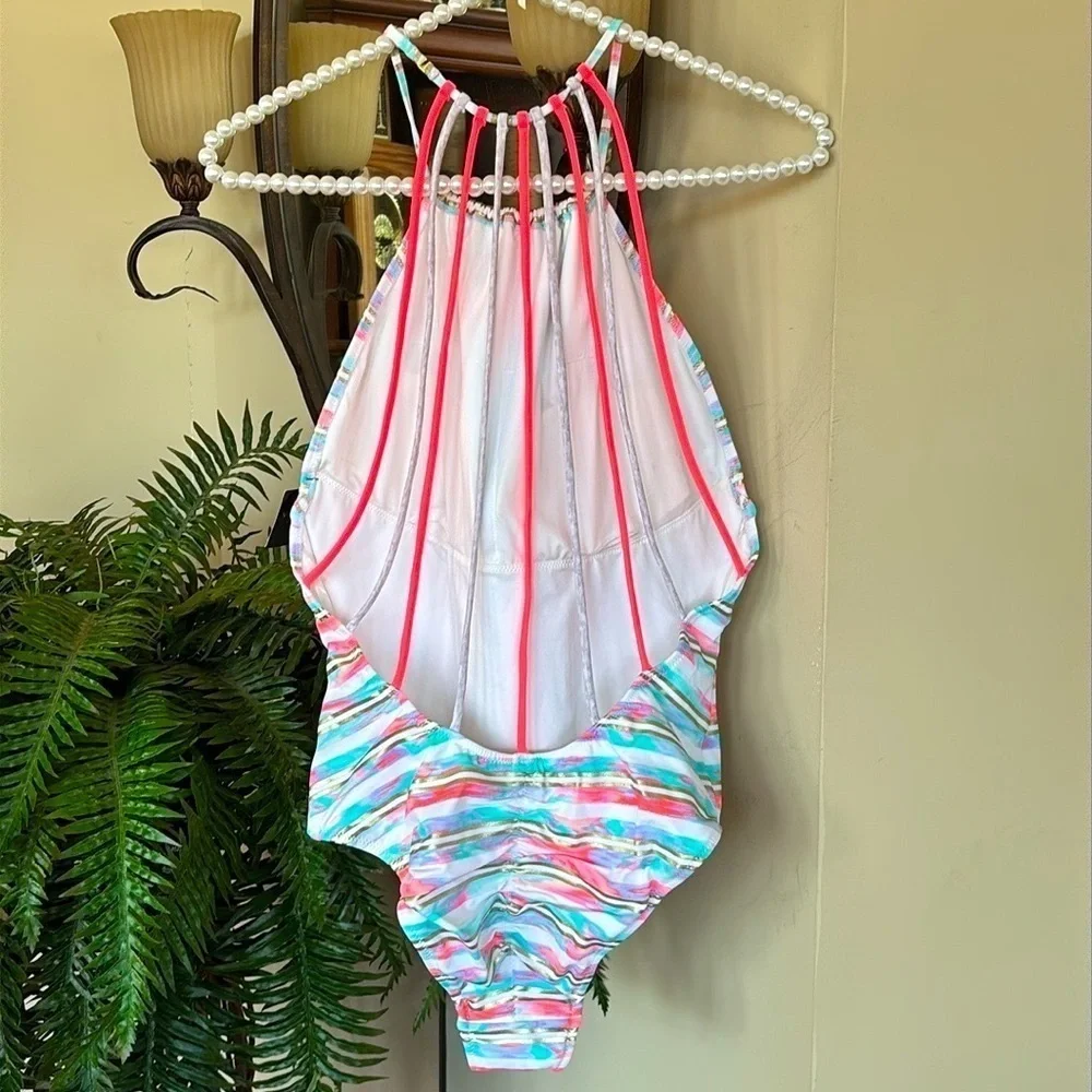 Brand New Victoria's Secret Swimsuit High Neck Strappy Back White Bright Coral